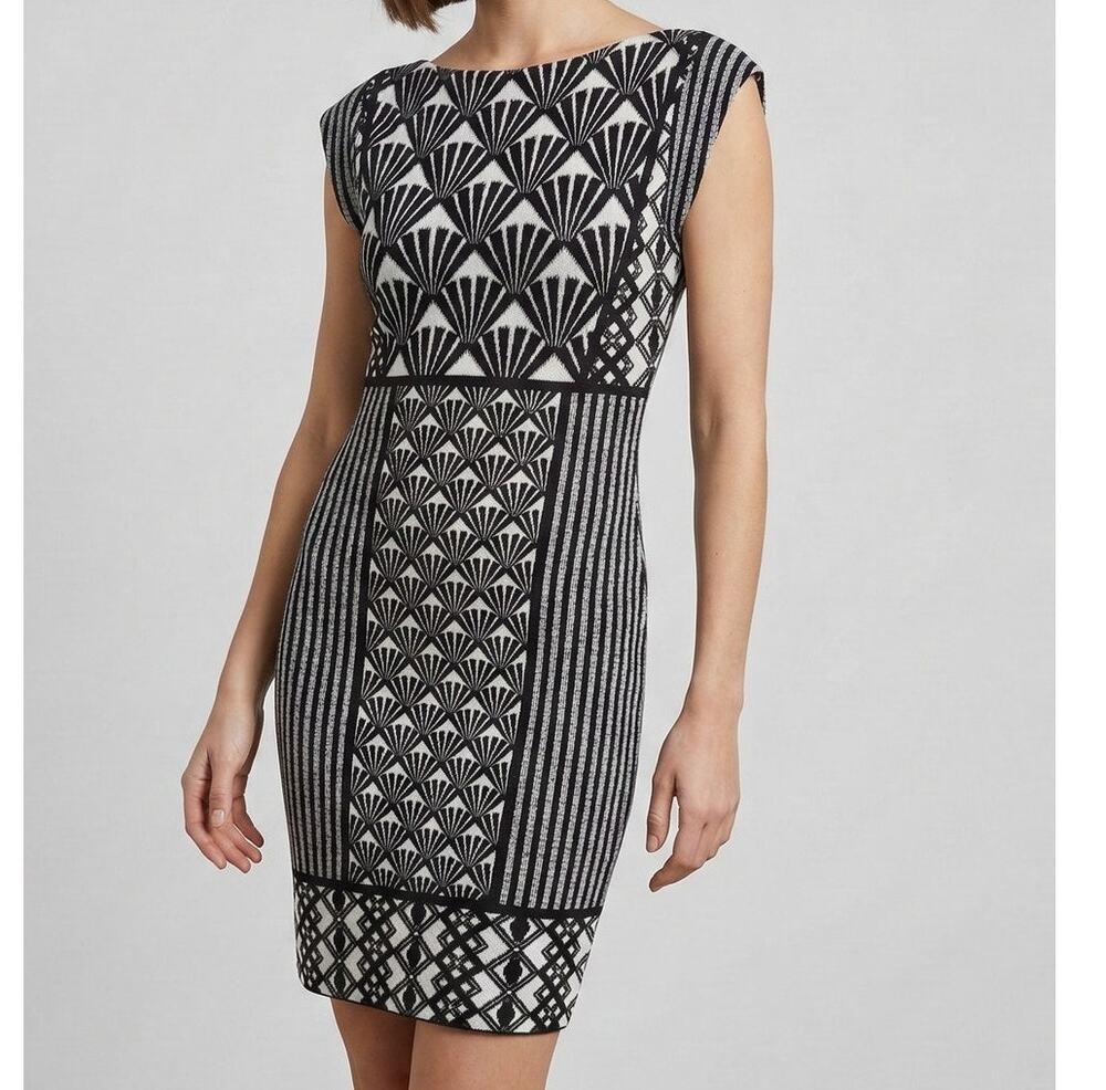 London Times Size 8 Dress Short Sleeve Sheath Black White Pattern Polyester